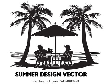 summer design palm tree sitting on chair front table and umbrella man beach for print on demand black bold simple outline on white backgrounds vector