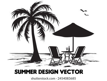 diseño de verano palmera sentado en la mesa delantera de la silla y el paraguas man beach para la Impresión a la carta negro audaz contorno simple en fondos blancos Vector