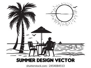 summer design palm tree sitting on chair front table and umbrella man beach for print on demand black bold simple outline vector