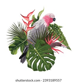 Summer design with pink parrot bird, tropical beach background banners. Voucher discount. Card template.