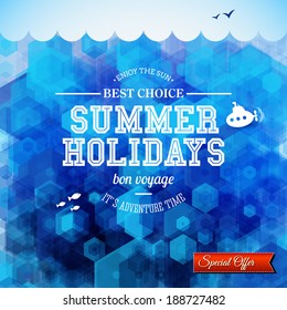 Summer design. Poster for summer holidays. Hexagon background and typographic design. Vector illustration.