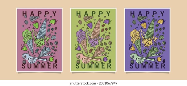 Summer design poster template accompanied by ice cream, with three color variations