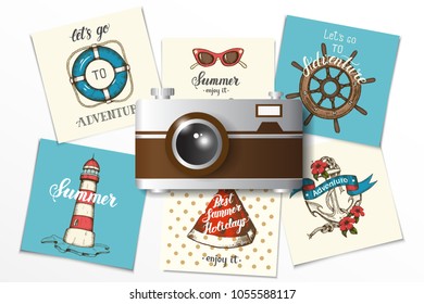 Summer design with realistic camera and summer cards. Hand drawn vector anchor, lighthouse, glasses, watermelon, lifebuoy and handwheel. Hand made Lettering.  Banner, flyer, brochure. 