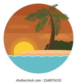 Summer design with round button and beautiful sunset view scene with palm, bush and beach inside of it in flat style.