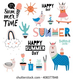 Summer Design Scandinavian Set with Holiday Elements, Cute Animals, Flowers and summer Typographic. Vector. Isolated. White Background. Modern Concept. Hawaii, holiday, palm, sun,flower, animal.