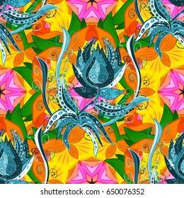 Summer design. Seamless floral pattern can be used for wallpaper, website background, wrapping paper. Leaf natural pattern in blue colors. Vector flower concept.