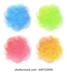 Summer design. Set of 4 bright spots. Pseudo watercolor stains. Round elements with paint texture. Colorful art shapes. It can be used as background for text. Vector illustration, eps10