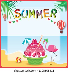 Summer design with shaved ice dessert on beach background.