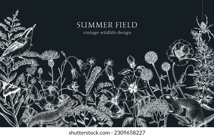 Summer design  in sketched style. Botanical drawings of wildflowers, herbs, meadows, berries, animals and birds. Vintage wildlife hand-drawn illustrations. Field plants background on chalkboard