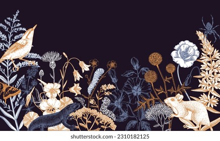 Summer design in sketched style. Botanical drawings of wildflowers, herbs, meadows, berries, animals, and birds. Vintage wildlife hand-drawn illustrations. Field plants background in color