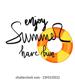Summer design sticker with summer elements and hand lettering words. Great for t-shirt prints, tote bags and shoppers, fabric, cards, posters and web. - Vector lifebuoy