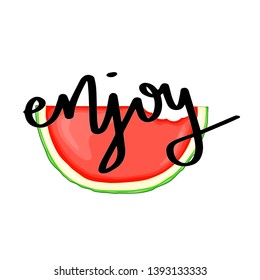 Summer design sticker with summer elements and hand lettering words. Great for t-shirt prints, tote bags and shoppers, fabric, cards, posters and web. - Vector watermelon