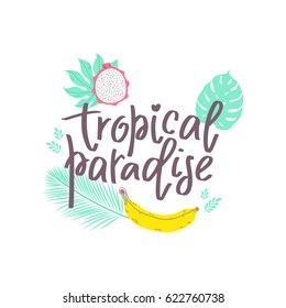 Summer design sticker with tropical beach elements and hand lettering words. Great for t-shirt prints, tote bags and shoppers, fabric, cards, posters and web. 