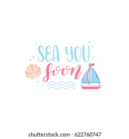 Summer design sticker with tropical beach elements and hand lettering words. Great for t-shirt prints, tote bags and shoppers, fabric, cards, posters and web. 