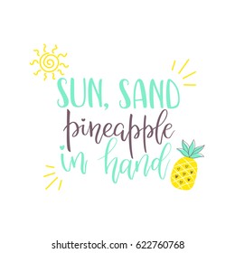 Summer design sticker with tropical beach elements and hand lettering words. Great for t-shirt prints, tote bags and shoppers, fabric, cards, posters and web. 