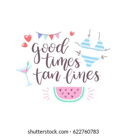 Summer design sticker with tropical beach elements and hand lettering words. Great for t-shirt prints, tote bags and shoppers, fabric, cards, posters and web. 