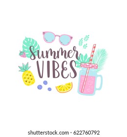 Summer design sticker with tropical beach elements and hand lettering words. Great for t-shirt prints, tote bags and shoppers, fabric, cards, posters and web. 