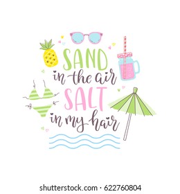 Summer design sticker with tropical beach elements and hand lettering words. Great for t-shirt prints, tote bags and shoppers, fabric, cards, posters and web. 