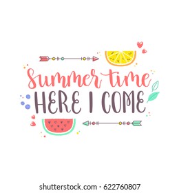 Summer design sticker with tropical beach elements and hand lettering words. Great for t-shirt prints, tote bags and shoppers, fabric, cards, posters and web. 