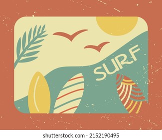 Summer design with surfboards on the background of the sea in retro style.