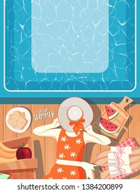 summer design with swimming pool background. can be use for greeting and invitation card. background , backdrop. vector illustration - Vector