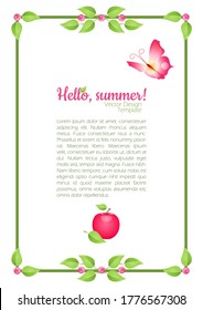 Summer design template with fresh green leaves and red apple