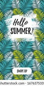 Summer design template for social media stories with tropical leaves. Exotic frame with space for text