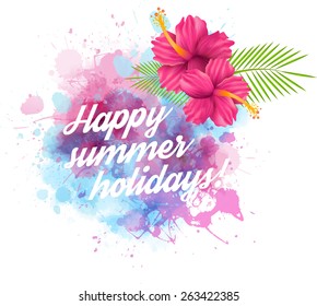 Summer design template with watercolored blot and hibiscus flowers