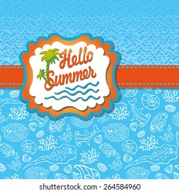 Summer design template,background,cover.Doodle sea life pattern,ribbon,label,palm tree,wavy texture. Fish,shell,corals ,seaweed.Outline ornament.Vector illustration for baby