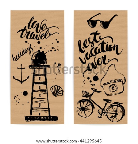 Summer design templates on craft paper. Ink drawings with lighthouse, anchor, shell, sunglasses, bike, camera, stains and lettering.