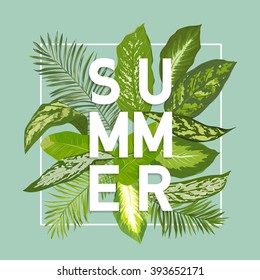 Diseño de verano. Fondo de hojas tropicales.Vector. Camiseta Gráfica. Exótico.