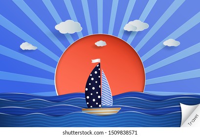 Summer design of vast sea and sailboat on the ocean. Travel during holiday vacations. Origami or paper art illustration background.