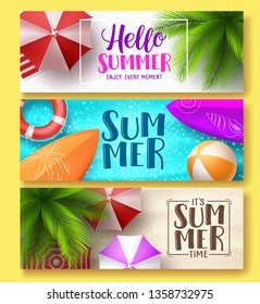 Summer design vector banner set. Hello summer greeting text in beach sand with colorful summer elements like, surfboard, balls and umbrella. Vector illustration.