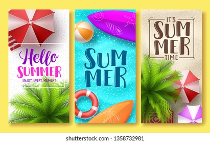 Summer design vector poster set. Hello summer greeting text in beach sand background with colorful elements like umbrella, ball and surfboard. Vector illustration. 