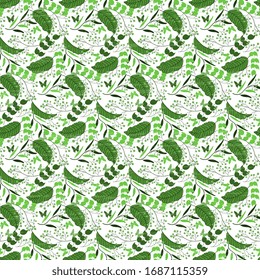 Summer design. Vector seamless pattern with different shapes and silhouettes of flora on a white background, modern motif. Delicate textured illustration.