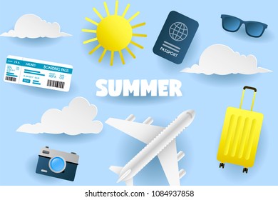 Summer design view of the summer beach on the island in paper craft style. paper cut and craft style. vector, illustration. Photo, vacation, tourism, travel template for banner, poster, invite.