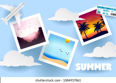 Summer design view of the summer beach on the island in paper craft style. paper cut and craft style. vector, illustration. Photo, vacation, tourism, travel template for banner, poster, invite.