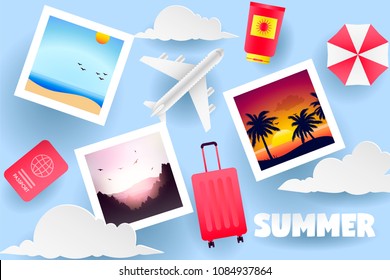 Summer design view of the summer beach on the island in paper craft style. paper cut and craft style. vector, illustration. Photo, vacation, tourism, travel template for banner, poster, invite.