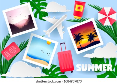Summer design view of the summer beach on the island in paper craft style. paper cut and craft style. vector, illustration. Photo, vacation, tourism, travel template for banner, poster, invite.