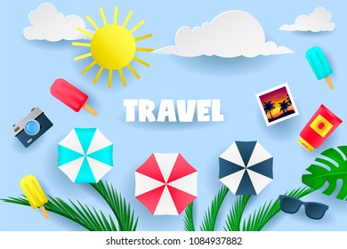 Summer design view of the summer beach on the island in paper craft style. paper cut and craft style. vector, illustration. Photo, vacation, tourism, travel template for banner, poster, invite.