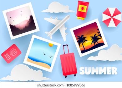 Summer design view of the summer beach on the island in paper craft style. paper cut and craft style. vector, illustration. Photo, vacation, tourism, travel template for banner, poster, invite.