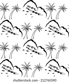 Summer designs.lined of black coconut trees and mountain.