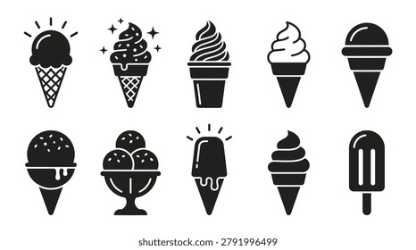 Summer dessert element pack, minimalist silhouette style, frozen treats, tasty cones, dairy sundaes, and popsicles
