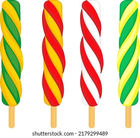 Summer dessert. Frozen juice, fruit ice. Frozen summer dessert. Ice on a wooden stick. Refreshing vector illustration