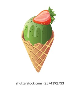 Summer dessert, ice cream macha, pistachio, strawberry, waffle, cone, glass, sweet, vector