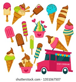 Summer dessert ice cream truck waffle cone and stick vector chocolate vanilla icing fruit flavor eskimo and in bowl street food sweet snack sprinkles and chocolate topping vehicle and delivery