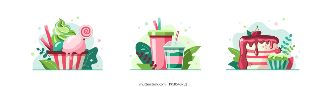 Summer dessert icon collection. Ice cream with waffle straws, milk shake and soda, cherry cake with icing and cupcake. Concept for fast food, pastry shop, confectionery, sweets, restaurant