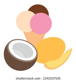 Summer dessert icon isometric vector. Coconut, melon and ice cream in waffle cone. Summer food, dessert, healthy nutrition