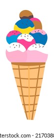 Summer dessert and refreshment during heat. Isolated ice cream with crunchy cone and scoops of different tastes. Gelato with milky ingredient base, yummy caramel and vanilla. Vector in flat style