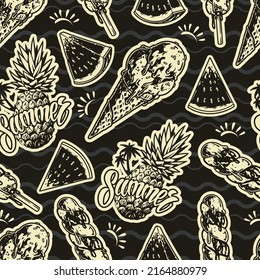Summer dessert seamless pattern vintage monochrome ice cream and tropical fruits pineapple watermelon in front of sea waves vector illustration
